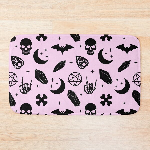 Item preview, Goth Witchy Witchore Occult Pattern with Skulls Skeleton and Pentagram Black and Pink designed and sold by StudioWhimsey.
