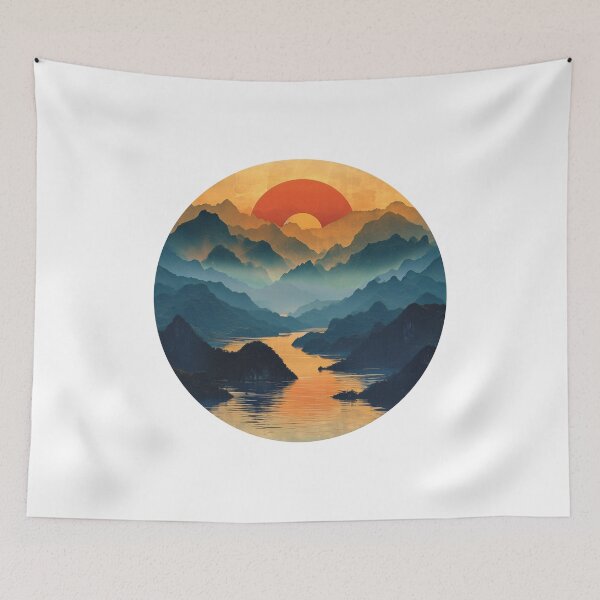 Item preview, Sunset Over Mountain River Landscape Print designed and sold by amortka.