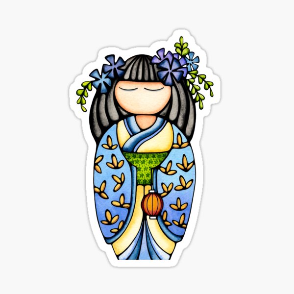 Item preview, Blue Kokeshi Japanese Geisha Doll Japan Art Kawaii Sticker by Hollyvision designed and sold by Holly Kitaura.