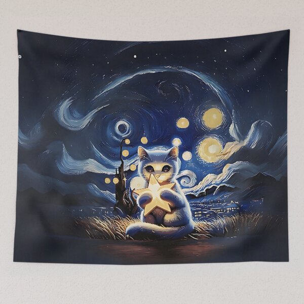 Item preview, Copy of Cat in the nigth with star and bats, impressionism, famous painting, Starry Night Style Van Gogh painting Cat Lover designed and sold by Collagedream.