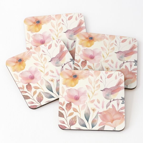 Item preview, Pink Bird and Poppy Flower Peach Fuzz Hue Watercolor designed and sold by Gourmet Neko Art | .