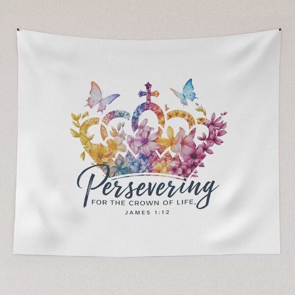 Item preview, Persevering for the Crown of Life, James 1:12, Crown, Flowers and Butterflies designed and sold by Faithloveshop.