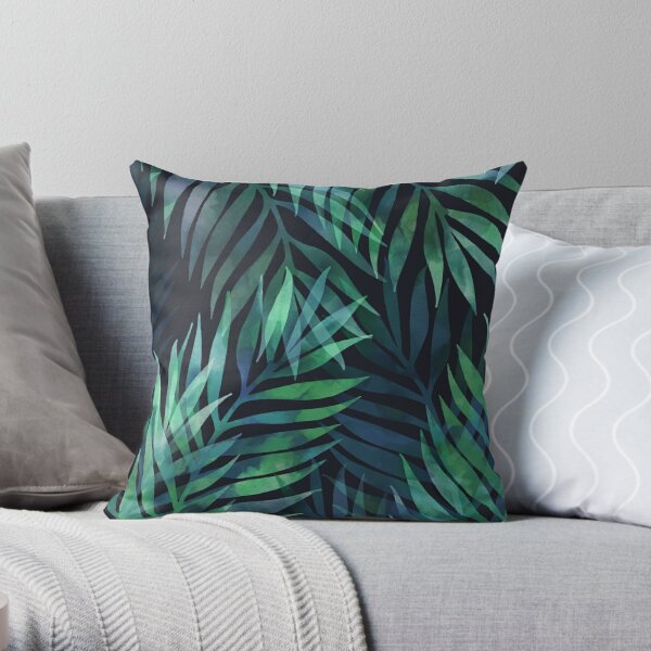 Dark green palms leaves pattern Throw Pillow