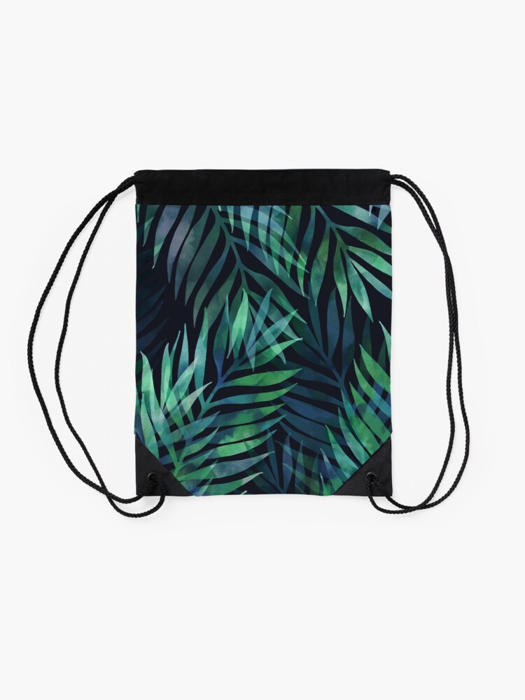 Alternate view of Dark green palms leaves pattern Drawstring Bag