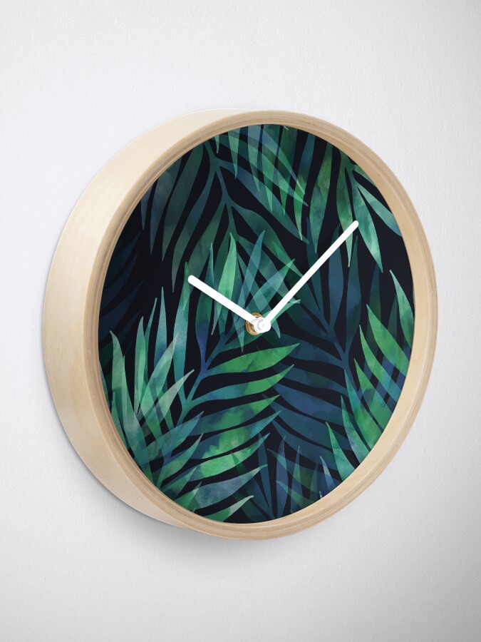 Alternate view of Dark green palms leaves pattern Clock