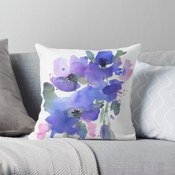 Blue Poppies and Wildflowers Throw Pillow