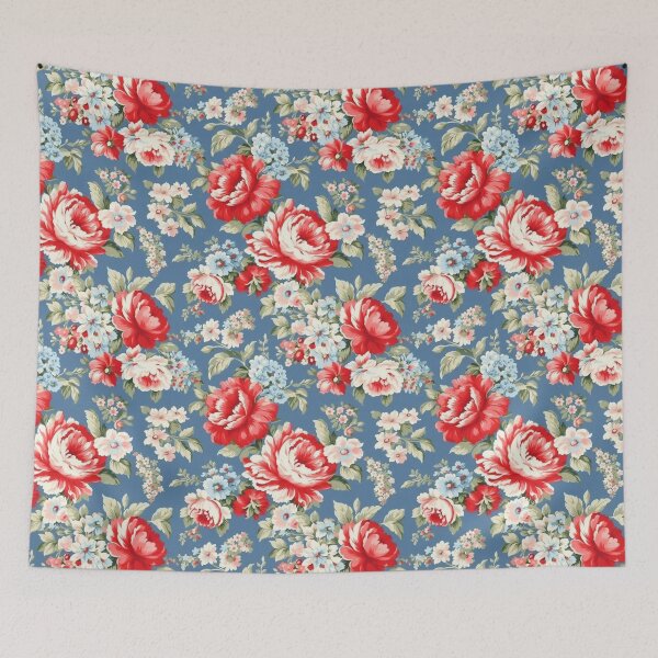 Item preview, Blue,red, white.Vintage flowers,shabby,rustic,roses,summer pattern  designed and sold by MariaMarinova.