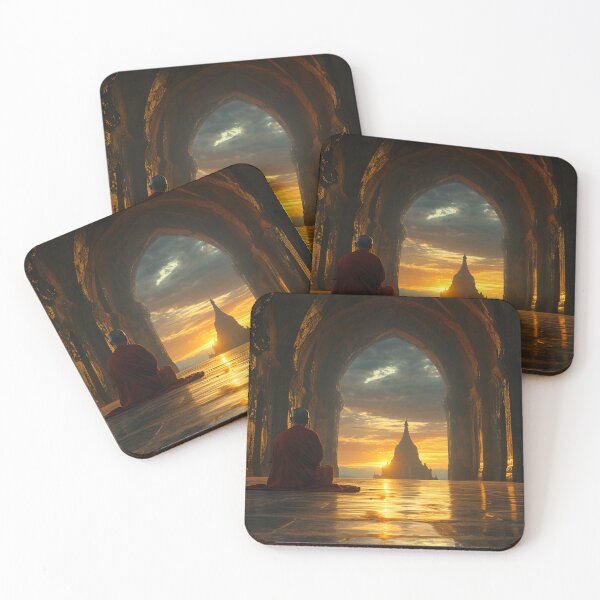 Item preview, Monk meditating at sunset in a temple designed and sold by Artessie.