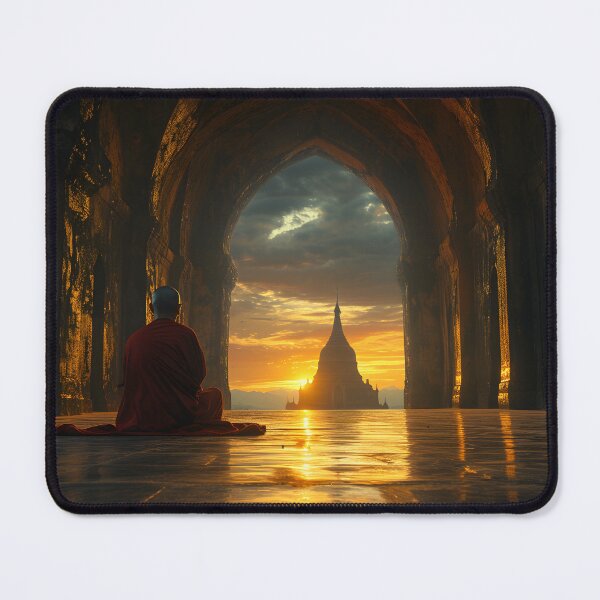 Item preview, Monk meditating at sunset in a temple designed and sold by Artessie.