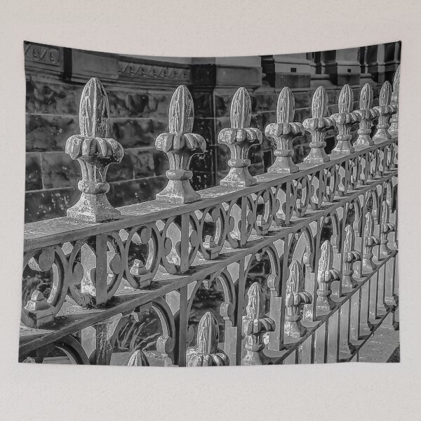 Item preview, Vintage 1800s Metal Fence at Old Town Hall Black and White - Bendigo, Victoria, Australia designed and sold by Steven Jodoin.