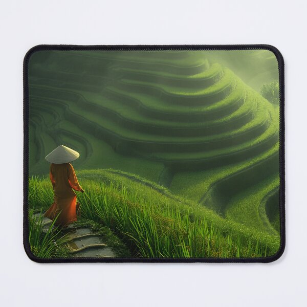 Item preview, Person in orange robe at rice terrace designed and sold by Artessie.