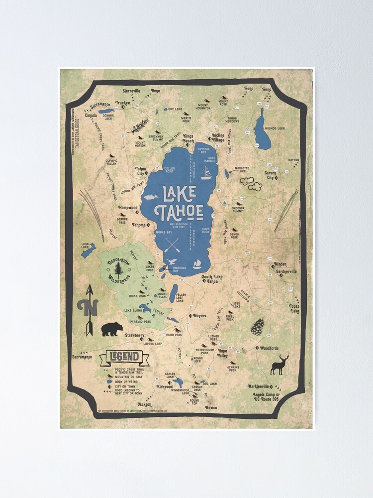 Alternate view of Faux Vintage Map of the Lake Tahoe Region Poster