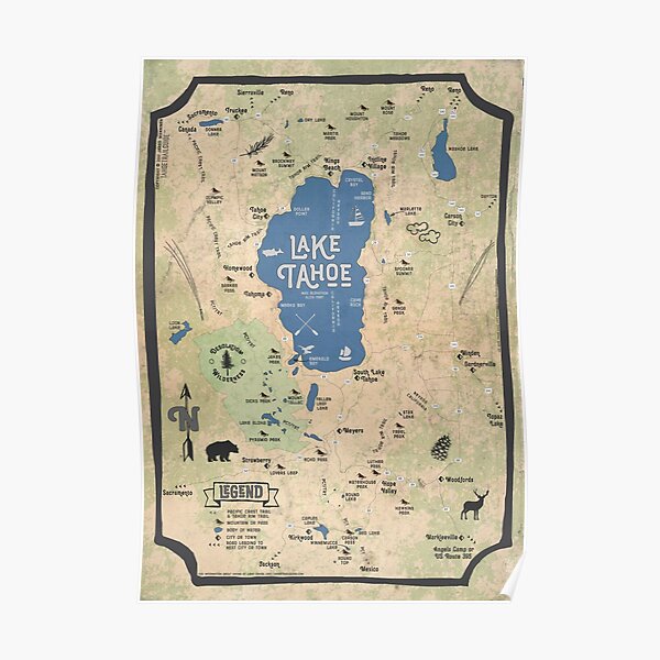 Faux Vintage Map of the Lake Tahoe Region Poster