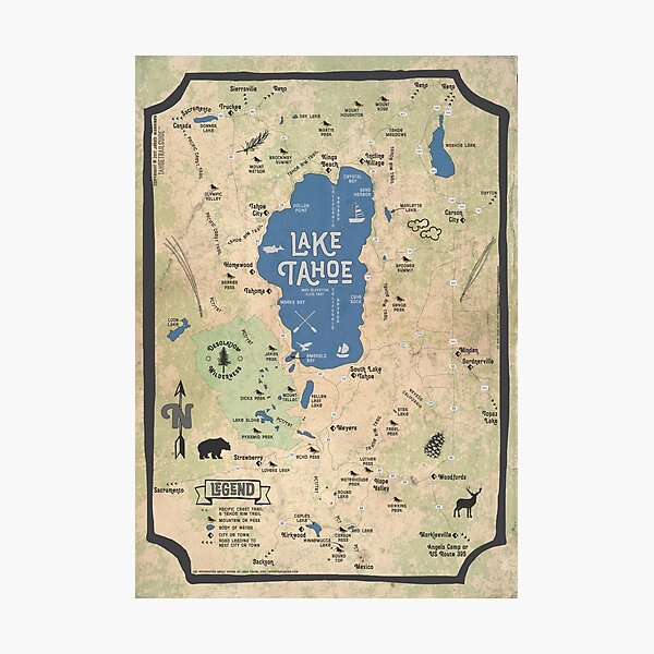 Faux Vintage Map of the Lake Tahoe Region Photographic Print