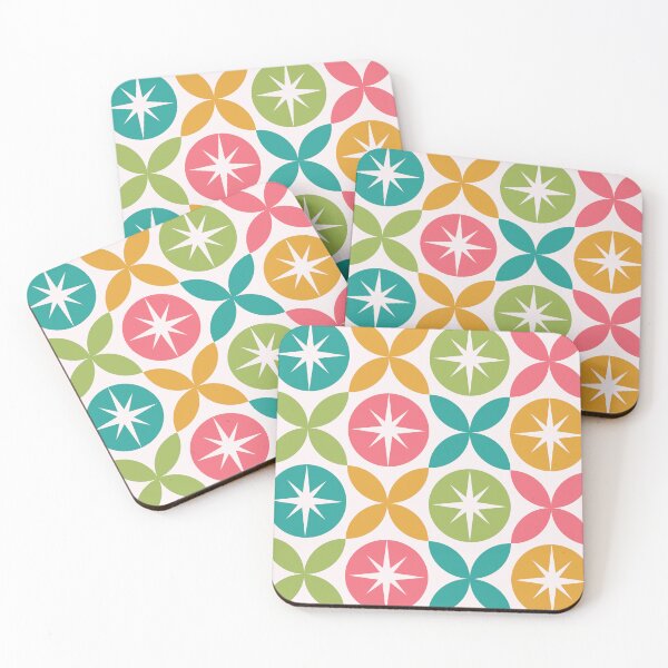Item preview, Mid Century starbursts on circles with geometric shapes in orange, pink, green and teal designed and sold by Yasminepatterns .