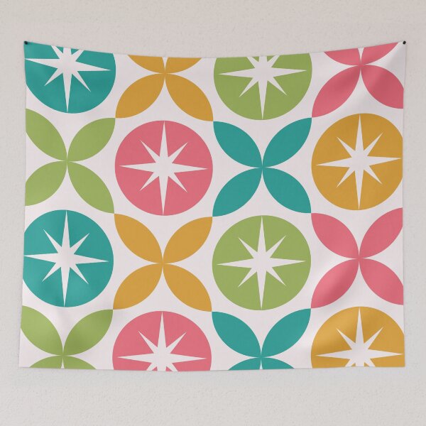 Item preview, Mid Century starbursts on circles with geometric shapes in orange, pink, green and teal designed and sold by Yasminepatterns .