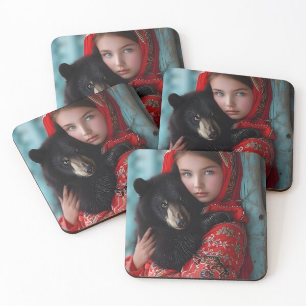Item preview, Girl in traditional attire holding a bear cub designed and sold by Artessie.
