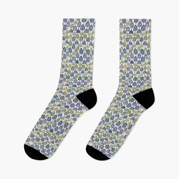 Item preview, Indian block print, blue and green trees on cream background designed and sold by SmarterThingz.