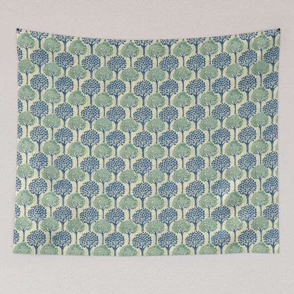 Item preview, Indian blockprint on cream background, green and blue trees designed and sold by SmarterThingz.
