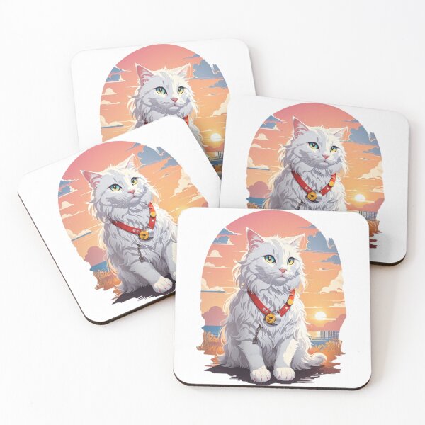 Item preview,  cute white cat with long fur and wears cat tag watching sunset designed and sold by Nazaninartist.