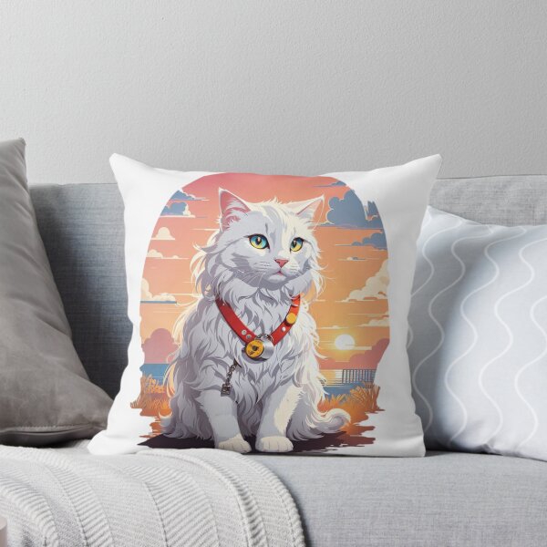 Item preview,  cute white cat with long fur and wears cat tag watching sunset designed and sold by Nazaninartist.