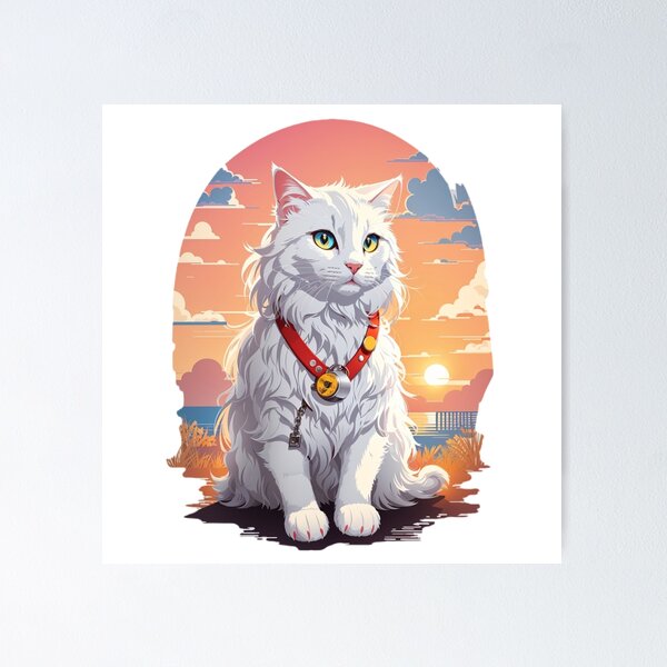 Item preview,  cute white cat with long fur and wears cat tag watching sunset designed and sold by Nazaninartist.