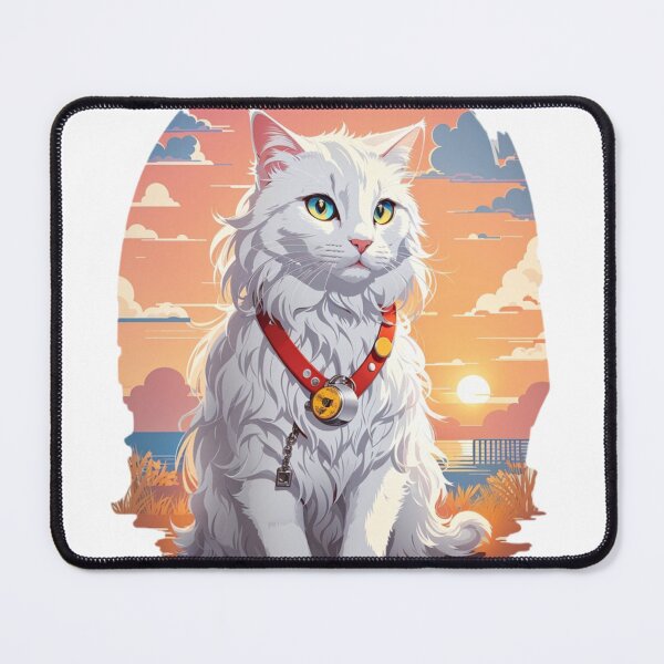 Item preview, cute white cat with long fur and wears cat tag watching sunset designed and sold by Nazaninartist.
