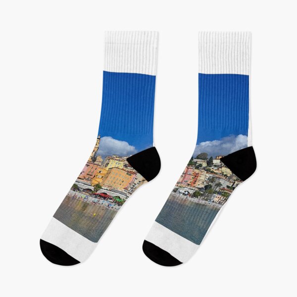 Item preview, Beach and old colorful building in Menton France cityscape summer season designed and sold by goceris.
