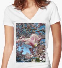 Building, Skyscraper, New York, Manhattan, Street, Pedestrians, Cars, Towers, morning, trees, subway, station, Spring, flowers, Brooklyn Women's Fitted V-Neck T-Shirt
