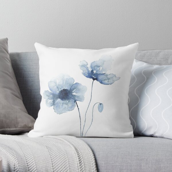 Blue Watercolor Poppies Throw Pillow