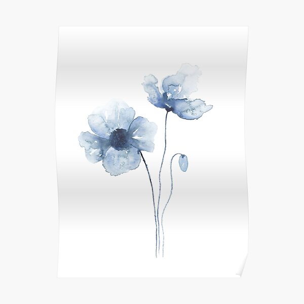 Blue Watercolor Poppies Poster