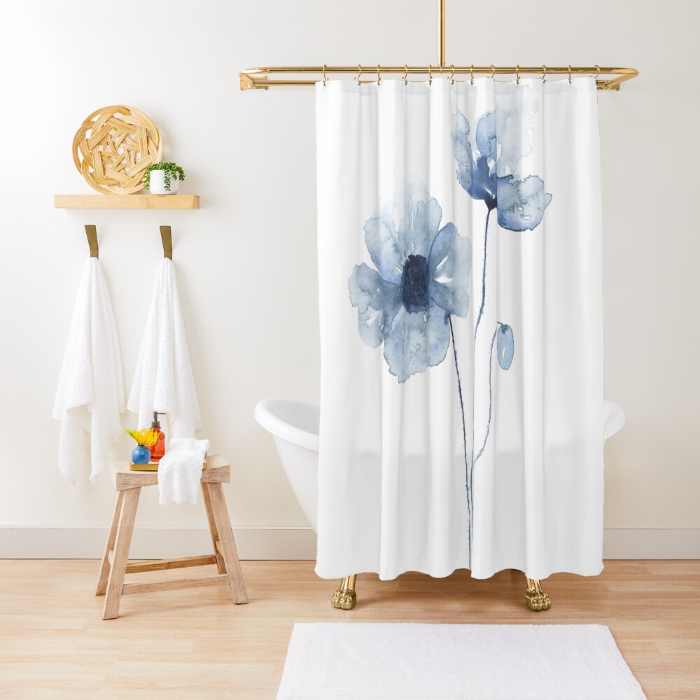 Blue Watercolor Poppies Shower Curtain