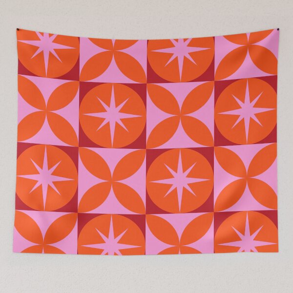 Item preview, Mid Century Pink Starbursts on Orange circles with geometric shapes Pattern  designed and sold by Yasminepatterns .
