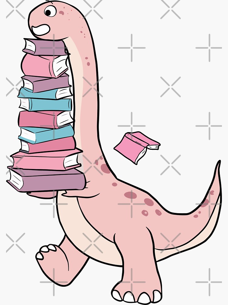 Thumbnail 3 von 3, Sticker, Niedlicher rosa Dinosaurier mit Büchern in Pastellfarben designt und verkauft von BookWishEra.