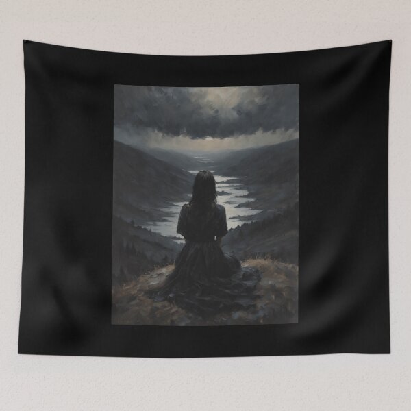 Item preview, Solitude - Dark Aesthetic Moody Art of a Woman Watching the Horizon Contemplating Alone at Night | Altar Wall Decor Vintage Oil Painting in HD designed and sold by Arwen-Art.