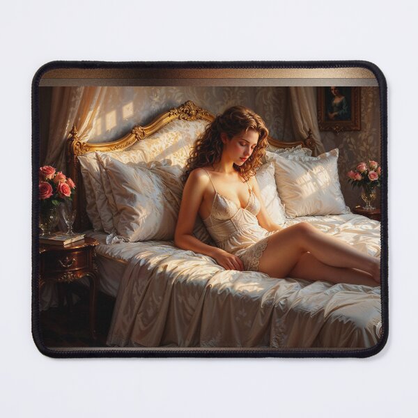 Item preview, Romantic Victorian Bedroom Scene with Elegant Woman in Lingerie Captivating AI Concept Art by Xzendor7 designed and sold by Xzendor7 Digital Art Creations.