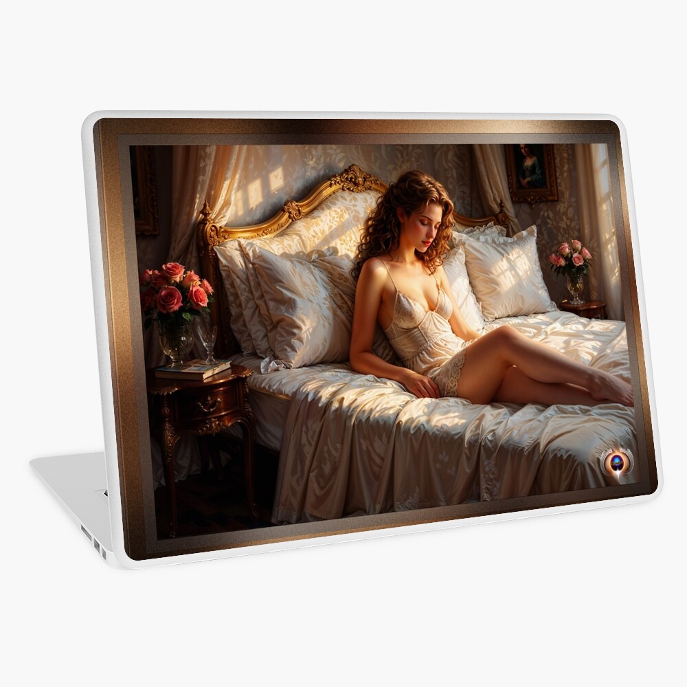 Romantic Victorian Bedroom Scene with Elegant Beautiful Woman in Lingerie Boudoir AI Concept Art by Xzendor7 5 Romantic Victorian Bedroom Scene with Elegant Woman in Lingerie Captivating AI Concept Art by Xzendor7 Decorative Art Print Laptop Skin