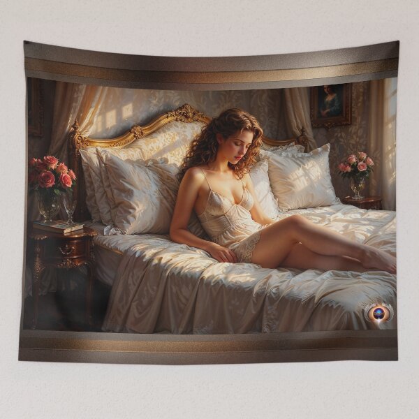 Item preview, Romantic Victorian Bedroom Scene with Elegant Woman in Lingerie Captivating AI Concept Art by Xzendor7 designed and sold by Xzendor7 Digital Art Creations.