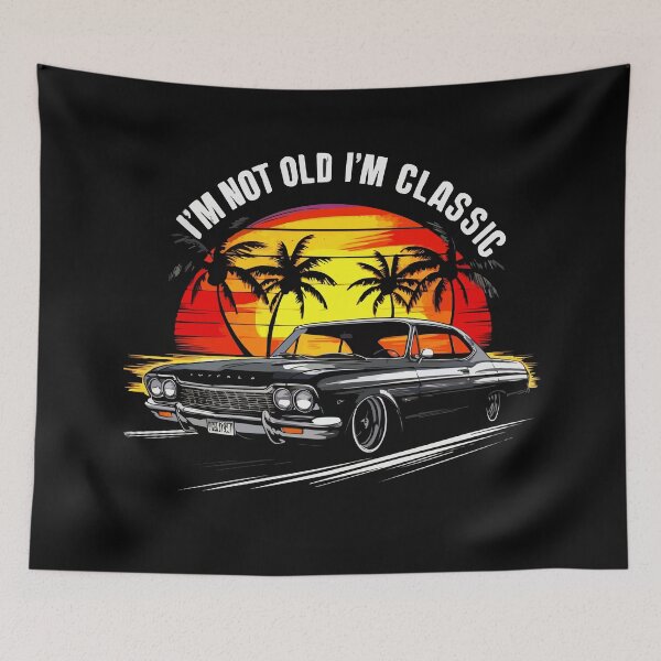 Item preview, Classic 1960s American Car with Vintage Sunset and Palm Trees designed and sold by VikArtStudio.