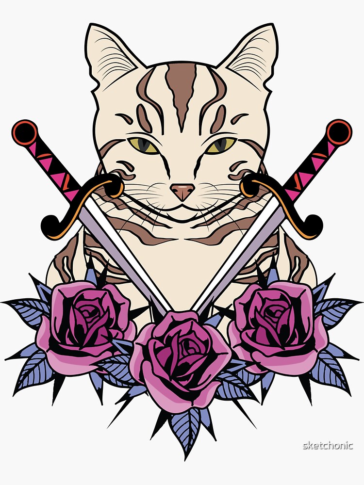 Thumbnail 3 of 3, Sticker, Cat with Swords and Roses designed and sold by sketchonic.