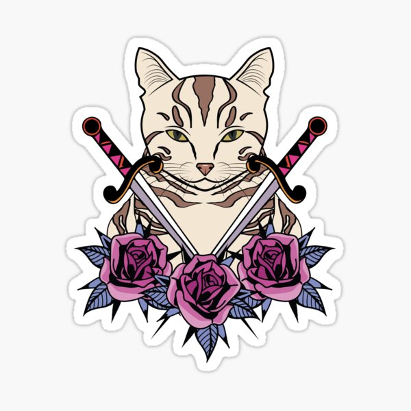 Cat with Swords and Roses Sticker