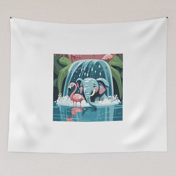 Item preview, Cute Elephant taking a shower in a waterfall with his flamingo friend designed and sold by Knautschibert.