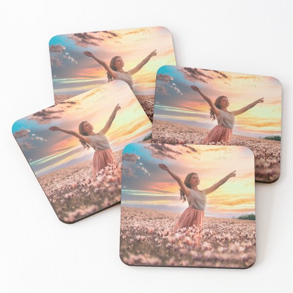 Item preview, A young woman dancing in a meadow sunset landscape designed and sold by DFLC Prints.