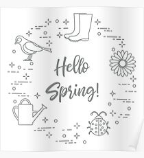 Rubber boots, bird, flower, watering can, ladybug. Poster