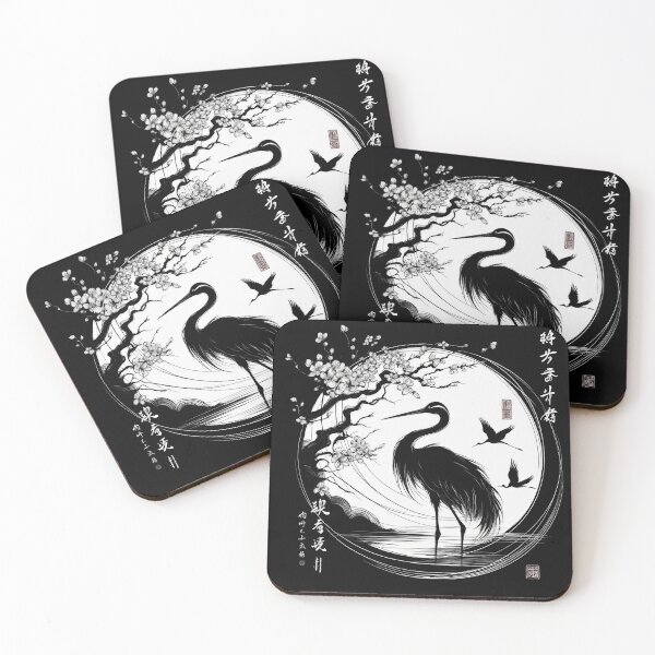 Item preview, Japanese Calligraphy black crane, lake , sakura Tranquil Sumi-e designed and sold by NEUMANN ArtWear Boutique.