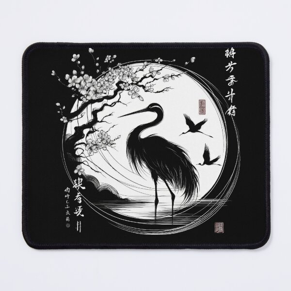 Item preview, Japanese Calligraphy black crane, lake , sakura Tranquil Sumi-e designed and sold by NEUMANN ArtWear Boutique.
