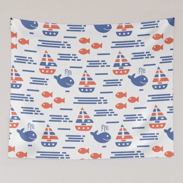 Item preview, Summer retro pattern with fish, whales and sailboats in the sea designed and sold by Deepness2023.