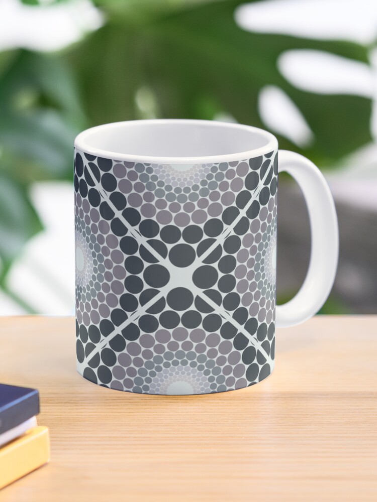 Coffee Mug, Radiant Silver Smoke Dot Mandala Diamond Tile designed and sold by Triplicate Limited