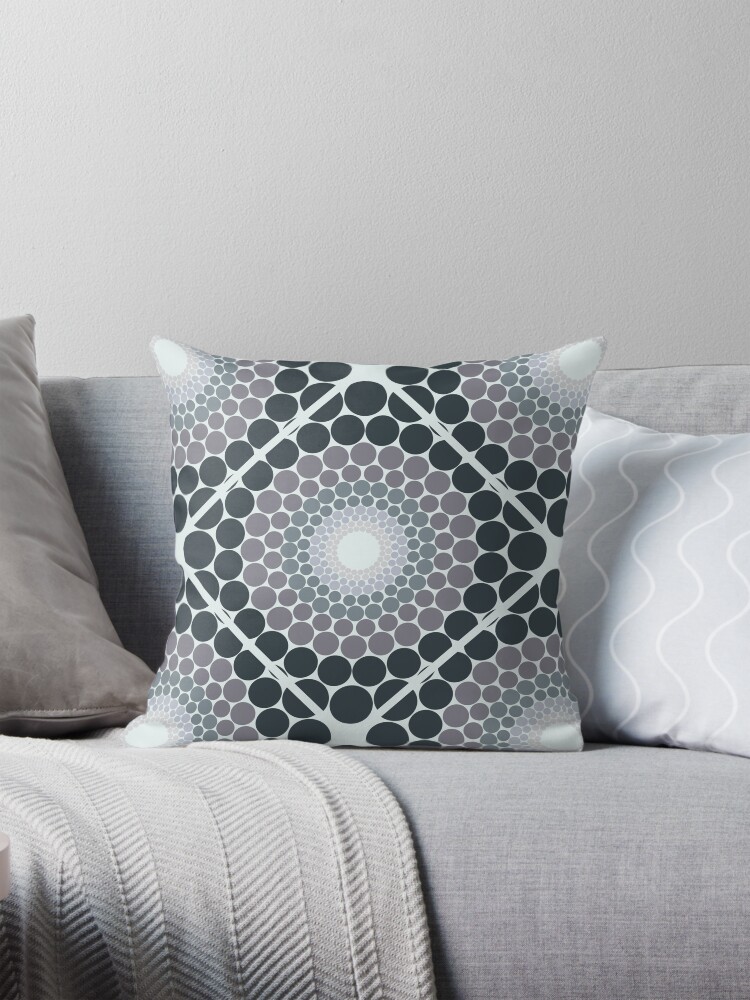 Pillow, Radiant Silver Smoke Dot Mandala Diamond Tile designed and sold by Triplicate Limited
