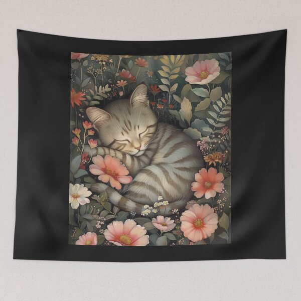 Item preview, Botanical Sleeping Cat woodland, Cottage-core Floral Throw Blanket  designed and sold by LLdreams.
